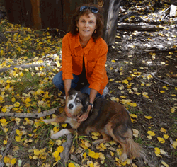 image of Linda and her dog recommending us as Tempe Realtors. The picture was taken of Linda behind her dog with her arms around his neck as it lays in front of her. The picture was taken in the fall and they are surrounded by yellow leaves that recently fell from a nearby tree.